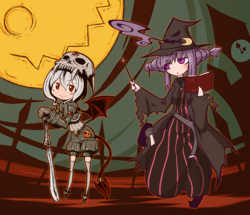 bat_wings book chibi collaboration halloween hat highres konohana_saku moon multiple_girls patchouli_knowledge purple_eyes purple_hair red_eyes remilia_scarlet short_hair silver_hair sonson_(eleven) sword touhou wand weapon wings witch witch_hat
