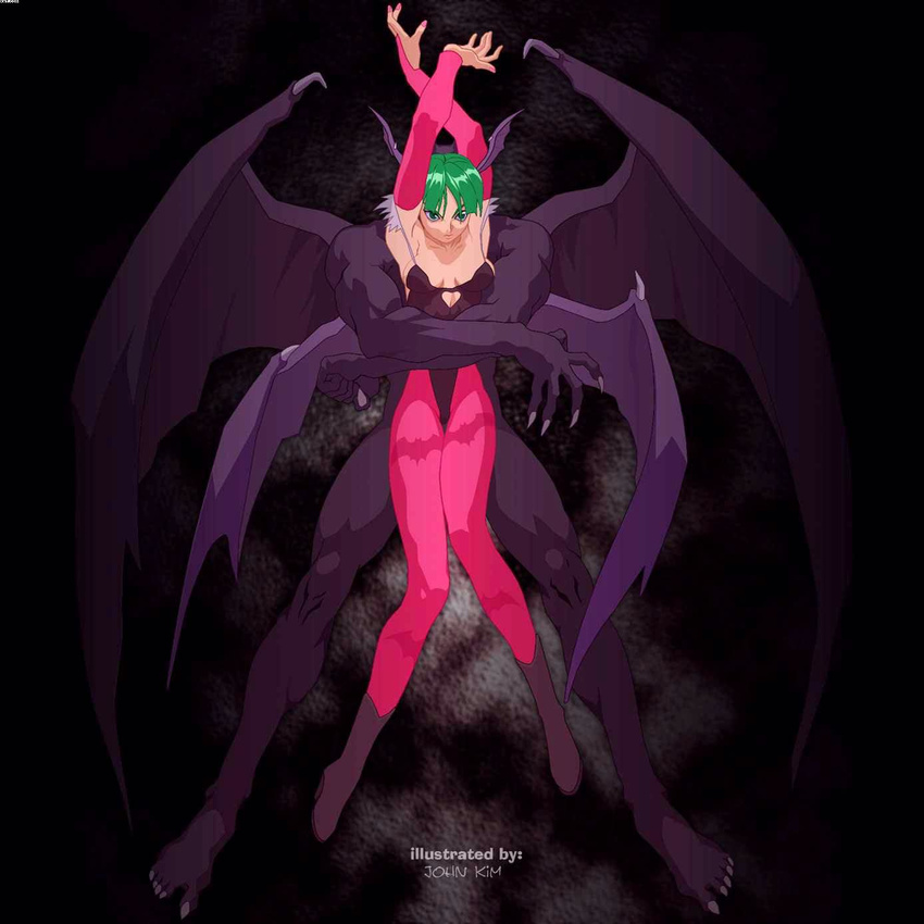 animal_print bat_print bat_wings demitri_maximoff demon demon_girl elbow_gloves gloves green_eyes green_hair head_wings highres john_kim morrigan_aensland pantyhose print_legwear succubus vampire_(game) wings