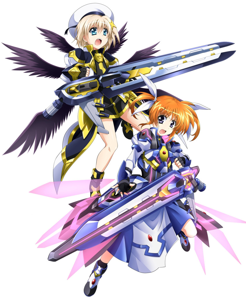 2girls armor armored_dress bangs beret black_dress black_footwear black_gloves black_wings blonde_hair blue_eyes boots brown_hair commentary_request cropped_jacket dress feathered_wings fingerless_gloves floating frown gloves gun hair_ribbon hat highres holding holding_gun holding_weapon jacket juliet_sleeves long_dress long_sleeves looking_at_viewer looking_to_the_side lyrical_nanoha magical_girl mahou_shoujo_lyrical_nanoha_reflection multiple_girls multiple_wings open_mouth puffy_sleeves ribbon short_dress simple_background takamachi_nanoha twintails unison weapon white_background white_dress white_footwear white_headwear white_jacket white_ribbon wings yagami_hayate yorousa_(yoroiusagi)