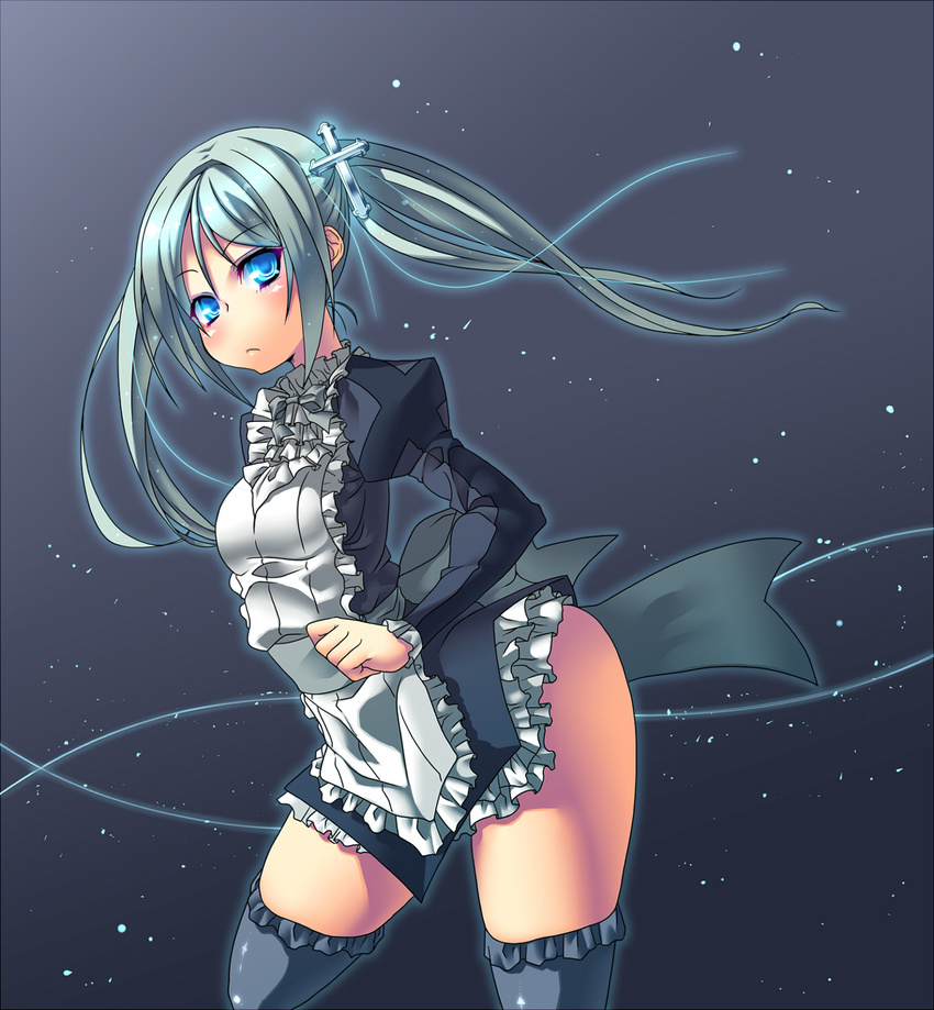 ass blue_eyes frills gaien gekkou_no_carnevale grey_hair highres lunaria silver_hair solo thighhighs twintails