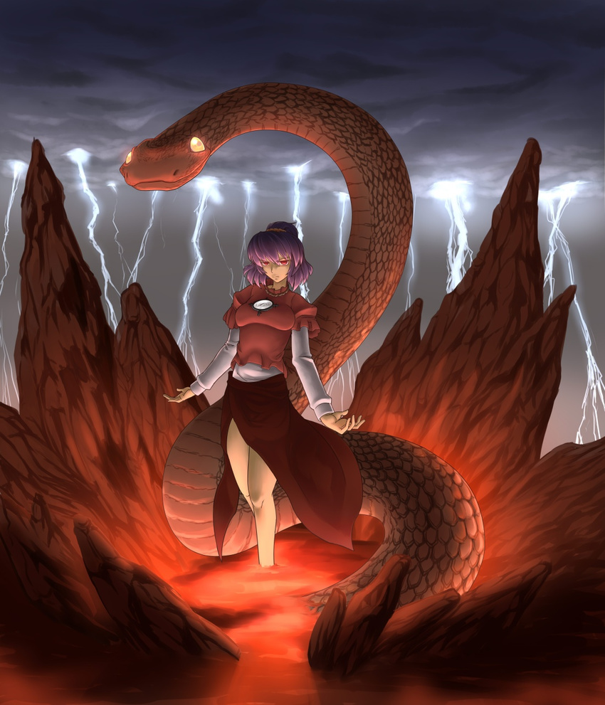 highres lightning mishaguji purple_hair red_eyes rope short_hair snake solo toritora touhou yasaka_kanako