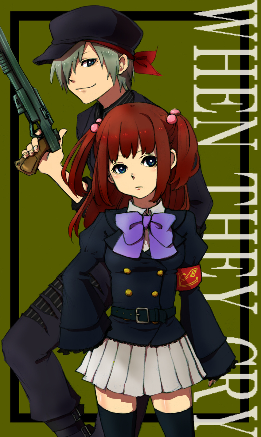 1girl amakusa_juuza armband bad_id bad_pixiv_id bandana belt blue_eyes bow gun hair_bobbles hair_ornament hat highres red_hair silver_hair thighhighs umineko_no_naku_koro_ni ushiromiya_ange weapon yonchi