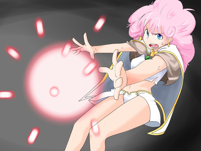 blue_eyes breasts charging earrings jewelry long_hair magic medium_breasts midriff navel open_mouth pink_hair rance_(series) rance_02 sengoku_rance sill_plain solo tarutaru_gungun