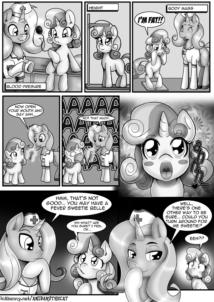 2015 absurd_res anibaruthecat blush clothed clothing cobalt_the_unicorn comic cub derelle dialogue duo english_text equine eyes_closed fan_character female feral friendship_is_magic greyscale hair half-closed_eyes hat hi_res horn levitation magic mammal monochrome my_little_pony nurse nurse_hat nurse_uniform open_mouth sitting smile sweetie_belle_(mlp) text thermometer tongue unicorn young