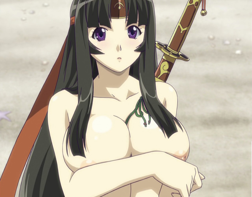 breasts erect_nipples female gradient gradient_background large_breasts long_hair miko nipple_slip purple_eyes queen's_blade queen's_blade solo tomoe