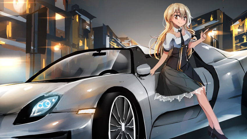 adapted_costume alternate_costume backlighting black_footwear black_skirt blonde_hair bow braid breasts building car city commentary finger_gun grey_background ground_vehicle hair_bow highres kietai_na kirisame_marisa lamppost legs long_hair looking_down looking_to_the_side medium_breasts motor_vehicle necktie night no_hat no_headwear no_legwear pointing porsche porsche_918 puffy_short_sleeves puffy_sleeves revision see-through_silhouette shiny shiny_hair shirt shoes short_sleeves single_braid skirt smile solo thighs touhou vest white_shirt