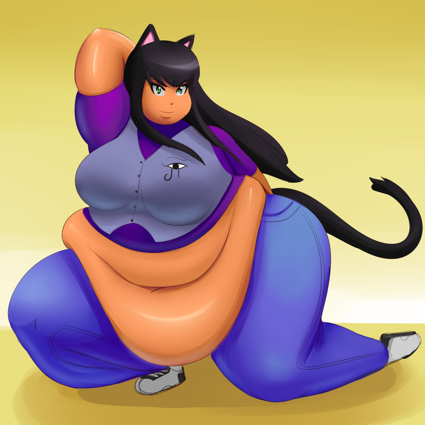 animal_ears black_hair cat_ears female green_eyes hair looking_at_viewer metalforever obese overweight solo thick_thighs