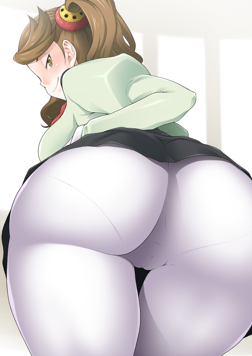 1girl ass backboob blush breasts brown_hair cameltoe from_behind gundam gundam_build_fighters gundam_build_fighters_try highres hornet_(artist) huge_ass large_breasts leaning_forward legs long_hair looking_back pantylines sazaki_kaoruko simple_background skirt smile standing thighs twintails white_background yellow_eyes