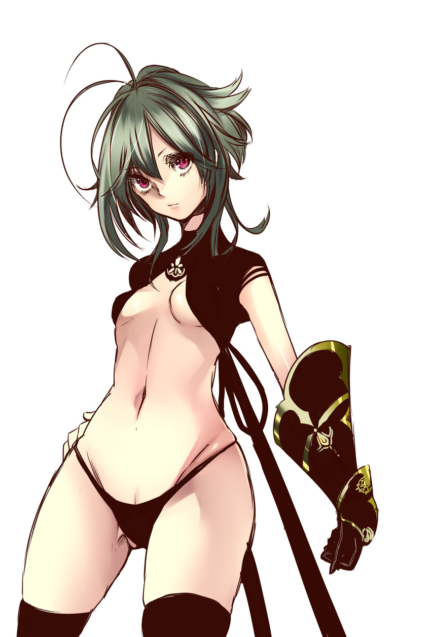 antenna_hair black_legwear breasts cowboy_shot gauntlets green_hair groin highres navel original panties rathke red_eyes short_hair sideboob simple_background small_breasts solo thighhighs underwear white_background