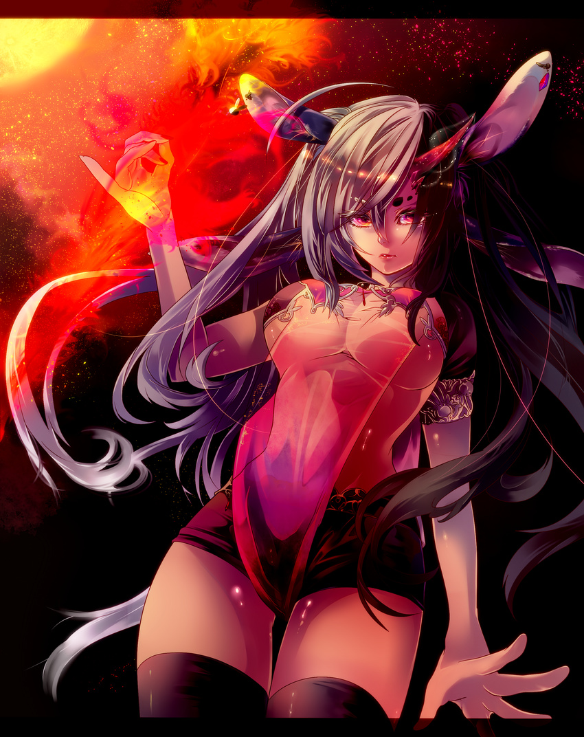 absurdres animal_ears black_legwear breasts bunny_ears cleavage cowboy_shot fire grey_hair highres large_breasts long_hair looking_at_viewer original rathke red_eyes shorts solo thighhighs underboob very_long_hair