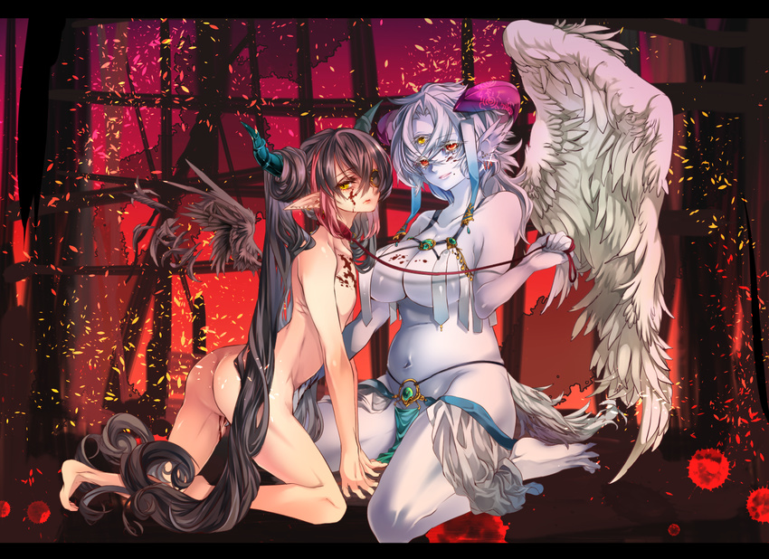 1girl animal_ears black_hair blood breasts cleavage collarbone demon_boy demon_girl extra_eyes eyepatch horns kneeling large_breasts long_hair looking_at_viewer navel nude original otoko_no_ko pointy_ears purple_hair purple_skin rathke red_eyes seiza sitting smile third_eye very_long_hair wings yellow_eyes