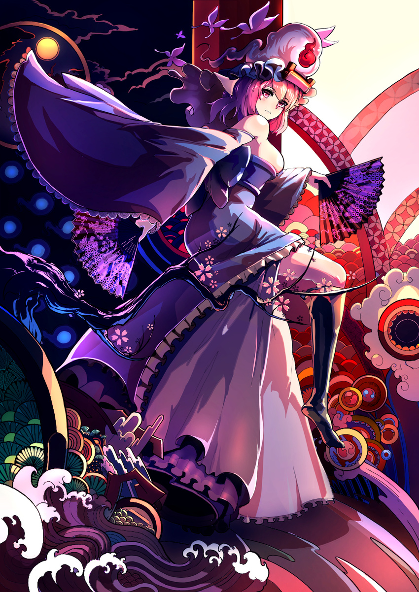 absurdres adapted_costume alternate_headwear ass bare_shoulders black_legwear blue_dress blush breasts bug butterfly cherry_blossoms cleavage cloud detached_sleeves dress dual_wielding egasumi expressionless fan folding_fan frilled_dress frilled_sleeves frills full_moon goshoguruma highres hitodama holding insect janyhero japanese_clothes jpeg_artifacts kikumon kneehighs light looking_at_viewer looking_to_the_side md5_mismatch medium_breasts moon night night_sky obi pink_eyes pink_hair revision saigyouji_yuyuko saigyouji_yuyuko's_fan_design sash seigaiha shippou_(pattern) short_hair skindentation sky solo spirit strapless strapless_dress thighs touhou tree_branch veil waves wide_sleeves wind
