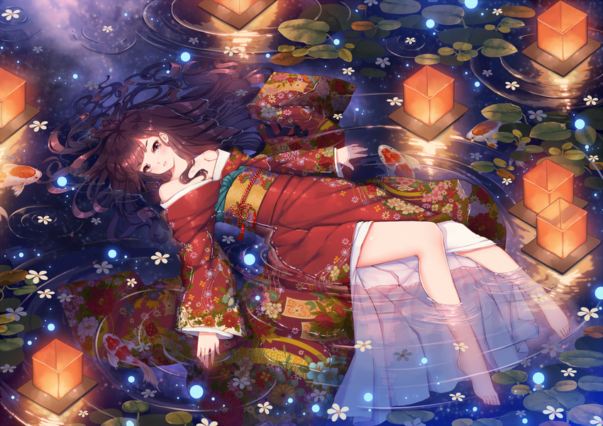 afloat afloat_lantern bangs barefoot bikini black_hair blush brown_eyes brown_hair fangxiang_cuoluan fireflies flat_chest floral_print flower from_above hair_spread_out highres japanese_clothes kimono koi lantern leaf long_hair long_sleeves looking_at_viewer night obi off_shoulder original paper_lantern parted_lips print_bikini red_kimono reflection ripples sash solo swept_bangs swimsuit water white_flower