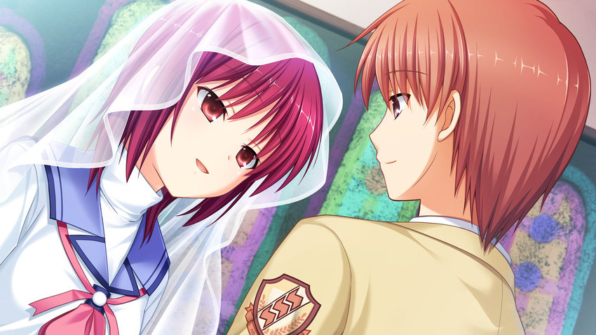 1girl angel_beats! bridal_veil brown_eyes brown_hair eye_contact game_cg iwasawa looking_at_another na-ga otonashi_(angel_beats!) purple_hair red_eyes school_uniform serafuku shinda_sekai_sensen_uniform short_hair turtleneck veil