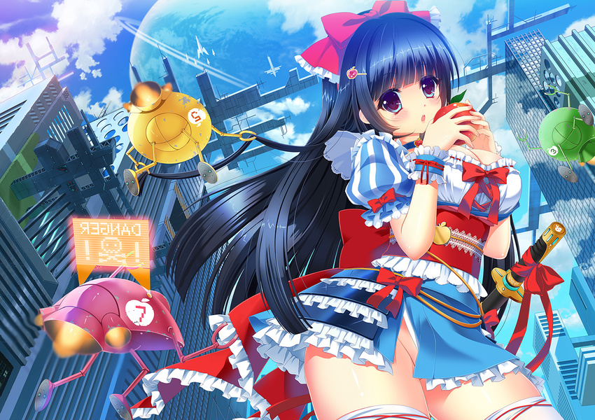 apple black_hair blue_eyes bow breasts building cleavage food fruit hair_bow hair_ornament hairclip ichi_rin japanese_clothes katana large_breasts long_hair no_panties original robot snow_white solo sword thighhighs weapon