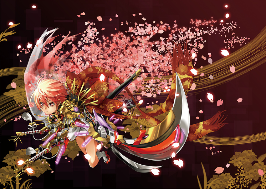 :o armor cherry_blossoms floral_print flower highres i-la japanese_clothes katana kimono looking_at_viewer obi original petals pink_eyes pink_hair ribbon_trim sash short_hair solo sword tabi weapon