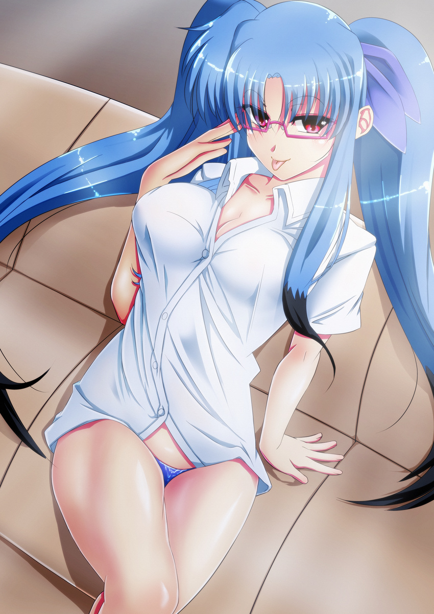 :p absurdres blue_hair blue_panties breasts cleavage dress_shirt glasses hair_ribbon highres large_breasts long_hair lyrical_nanoha mahou_shoujo_lyrical_nanoha mahou_shoujo_lyrical_nanoha_a's mahou_shoujo_lyrical_nanoha_a's_portable:_the_battle_of_aces material-l multicolored_hair older panties pink-framed_eyewear red_eyes ribbon shirt solo tappa_(esperanza) tongue tongue_out twintails two-tone_hair underwear