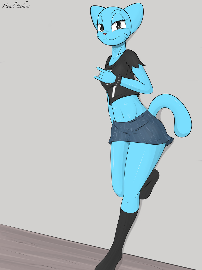 anthro blue_fur cat clothing feline female fur hi_res howl_echoes mammal nicole_watterson skirt smile solo the_amazing_world_of_gumball