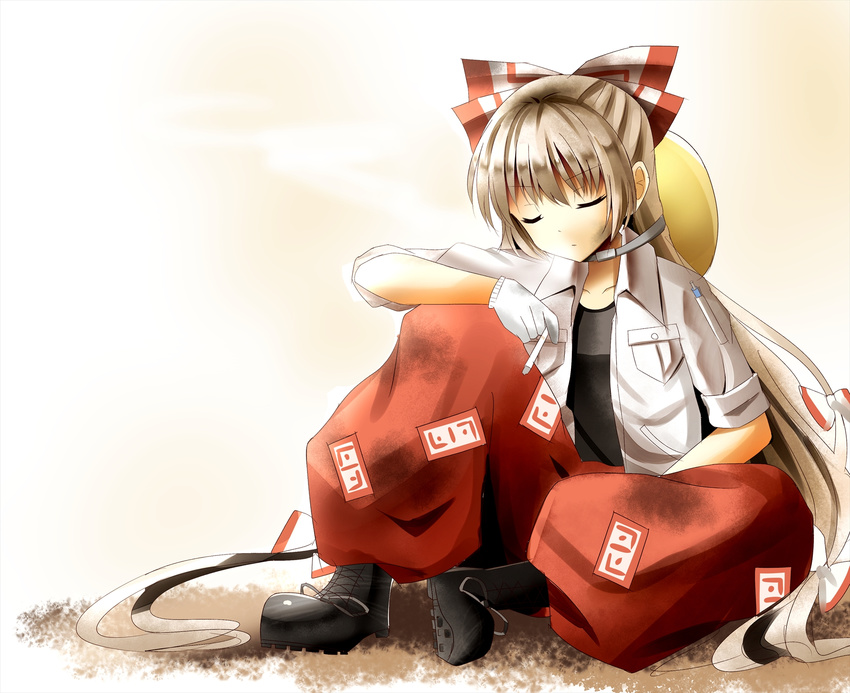 boots bow cigarette closed_eyes commentary_request fujiwara_no_mokou gloves hair_bow hair_ribbon headwear_removed helmet helmet_removed highres indo_(mdtanaka2007) long_hair open_clothes open_shirt pants ribbon shirt silver_hair sitting solo touhou tress_ribbon very_long_hair white_gloves