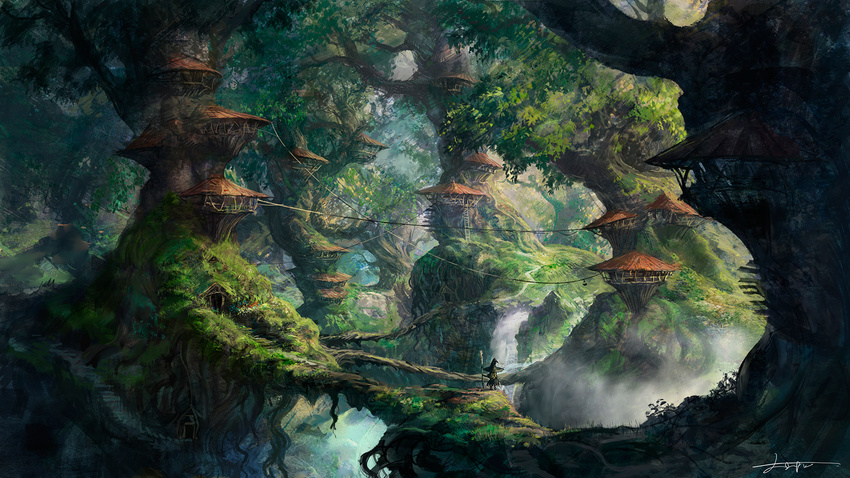 dress fantasy forest hat highres house nature original path road scenery tree treehouse watermill weapon witch witch_hat you_shimizu