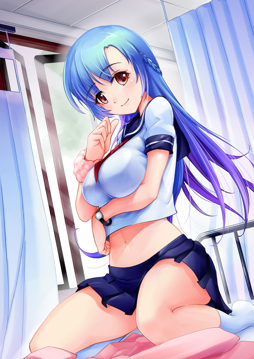 bed_sheet blue_hair blue_skirt breast_hold breasts curtains eyes_visible_through_hair highres indoors infirmary kod0415 large_breasts long_hair looking_at_viewer midriff on_bed open_window original pleated_skirt red_eyes school_uniform serafuku sitting sitting_on_bed sketch skirt skirt_set smile solo window