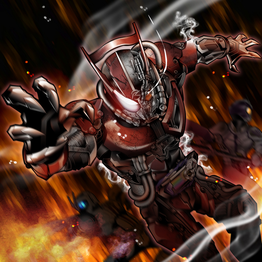 antennae armor axe belt blue_eyes claws crack damaged fire flame helmet highres kamen_rider kamen_rider_chaser kamen_rider_drive kamen_rider_drive_(series) kamen_rider_mach kameren mashin_chaser mask multiple_boys orange_eyes smoke type_chou_dead_heat weapon