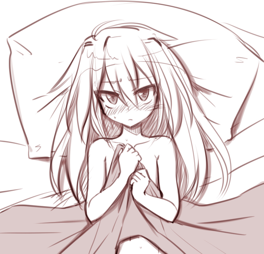 blush elena_trafalgar ikune_juugo long_hair looking_at_viewer lying monochrome naked_sheet on_back original solo