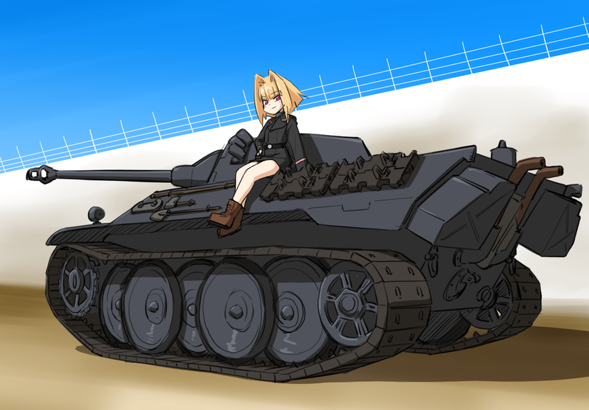 blonde_hair caterpillar_tracks ground_vehicle ikune_juugo military military_vehicle motor_vehicle on_vehicle original red_eyes short_hair smile solo tank vk16.02_leopard world_war_ii