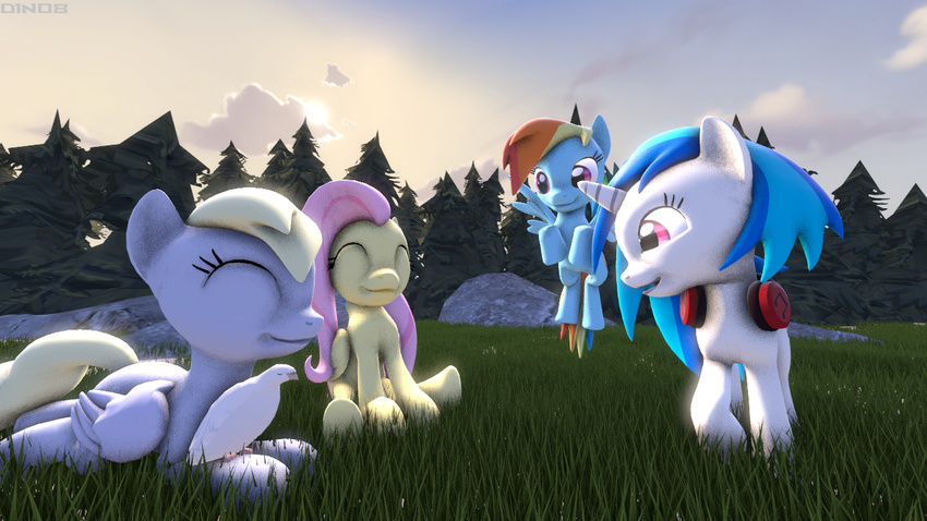 avian bird blue_feathers cgi day derpy_hooves_(mlp) digital_media_(artwork) equine feathers fluttershy_(mlp) friendship_is_magic grass happy headphones horn horse mammal my_little_pony pegasus pony rainbow_dash_(mlp) rock smile source_filmmaker tree unicorn vinyl_scratch_(mlp) wings