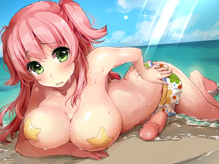 1girl beach breasts censored futanari green_eyes large_breasts mosaic_censoring original pasties penis pink_hair red_hair skirt sky solo star suzune_rai wet