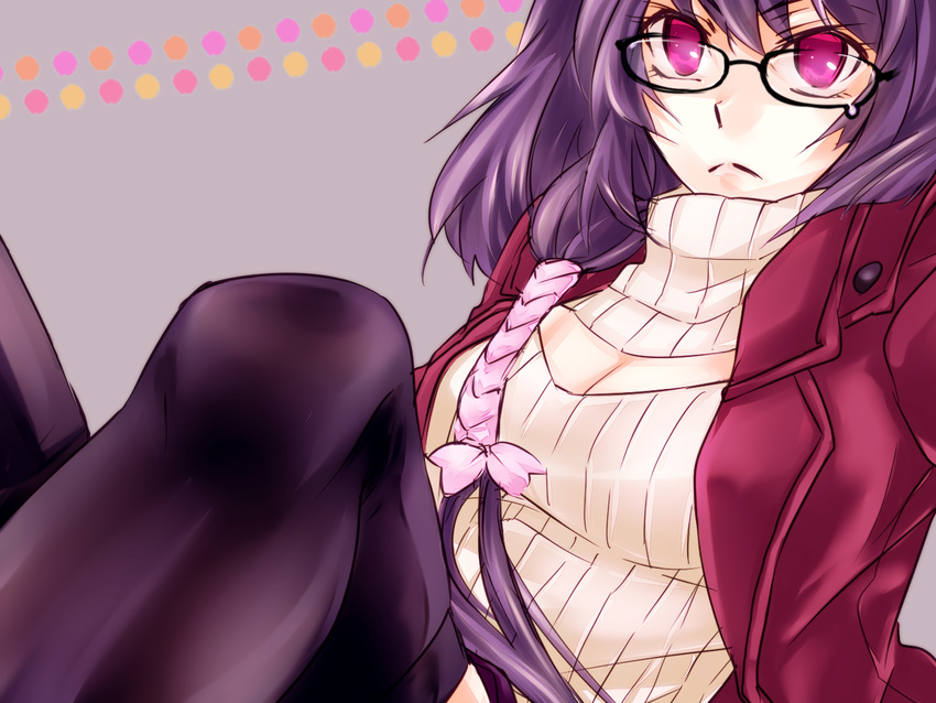 1girl breasts cleavage cleavage_cutout coat glasses grey_background long_hair open-chest_sweater pink_eyes polka_dot_background purple_hair simple_background sweater thighhighs tokyo_ravens tsuchimikado_natsume yuzusei_(empty)