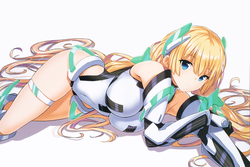 angela_balzac bare_shoulders blonde_hair blue_eyes boots breasts covered_navel elbow_gloves gloves hair_between_eyes hair_spread_out headgear highleg highleg_leotard highres knee_boots large_breasts leotard long_hair lying on_side parted_lips rakuen_tsuihou saitou_masatsugu scan shadow simple_background solo thigh_strap very_long_hair white_background