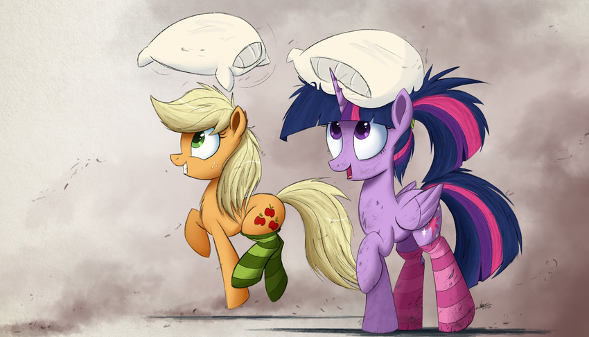 2015 absurd_res applejack_(mlp) blonde_hair clothing cute duo earth_pony equine eyes_closed female feral friendship_is_magic fur hair hi_res horn horse legwear looking_at_viewer mammal my_little_pony ncmares orange_fur pillow pony purple_eyes purple_fur purple_hair smile socks twilight_sparkle_(mlp) winged_unicorn wings