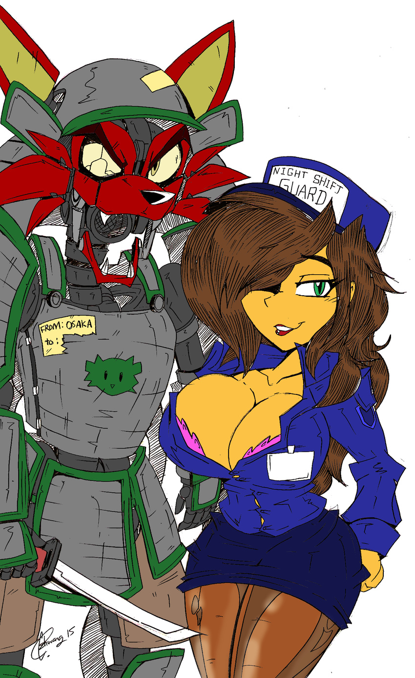 2015 akatsukishiranui-fox animatronic armor big_breasts breasts canine cleavage clothed clothing female five_nights_at_freddy's fox foxy_(fnaf) huge_breasts human machine male mammal mechanical melee_weapon robot sword teeth video_games weapon