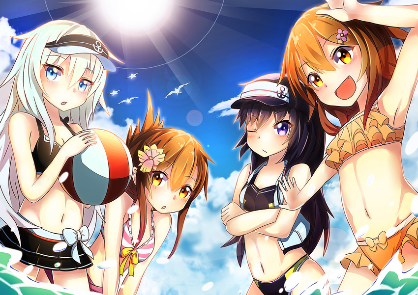 :d akatsuki_(kantai_collection) arm_up armpits ball beachball bikini bikini_skirt bird black_hair blue_eyes brown_eyes brown_hair cloud crossed_arms day fang flower folded_ponytail frilled_bikini frills hair_flower hair_ornament hairclip half_updo hibiki_(kantai_collection) ikazuchi_(kantai_collection) inazuma_(kantai_collection) kantai_collection lens_flare light_rays long_hair looking_at_viewer midriff multiple_girls navel one_eye_closed open_mouth purple_eyes revision ribbon sky smile striped striped_bikini sun sunbeam sunlight swimsuit sylphine visor_cap white_hair