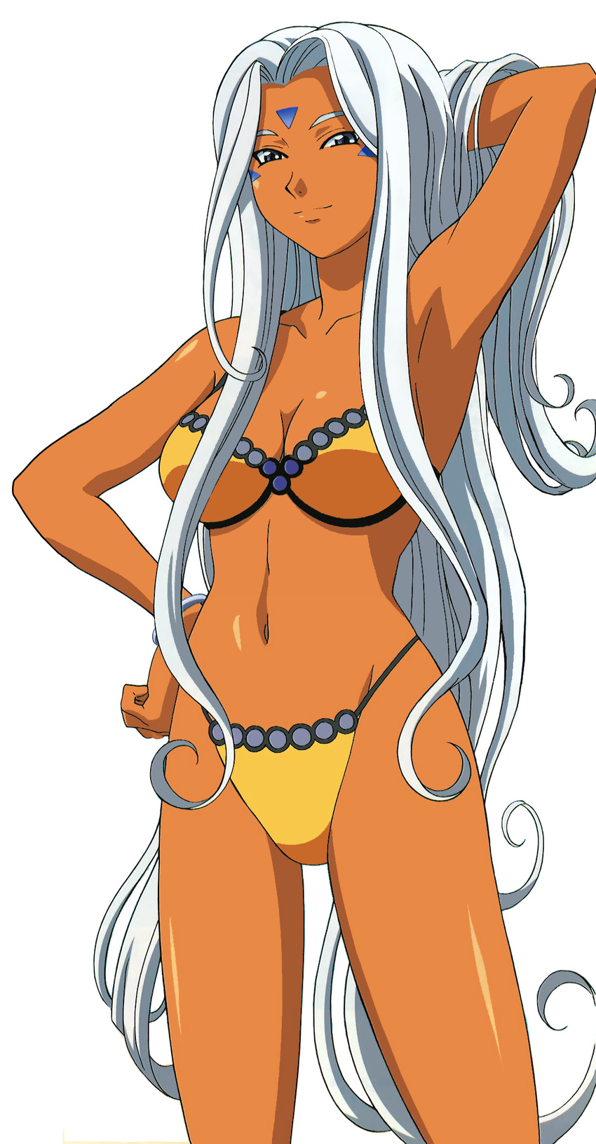 aa_megami-sama bangle bangs bikini bracelet breasts dark_skin facial_mark forehead_mark highres jewelry large_breasts navel purple_eyes smile swimsuit urd white_hair