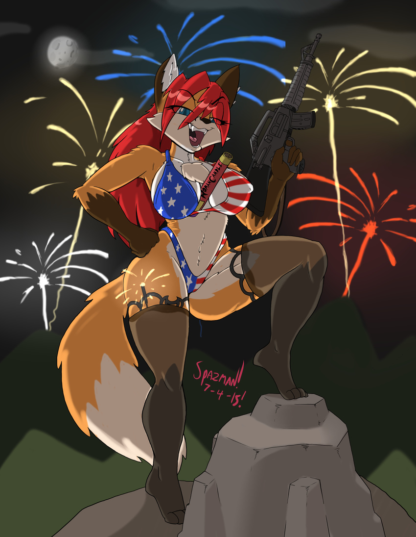 2015 anthro bikini blue_eyes canine chest_tuft clothing eyelashes female fireworks fox fur gun hair hair_over_eyes legwear mammal moon nipple_bulge open_mouth pose ranged_weapon red_hair roman_candle solo soultornado sparklers standing stockings swimsuit tuft weapon