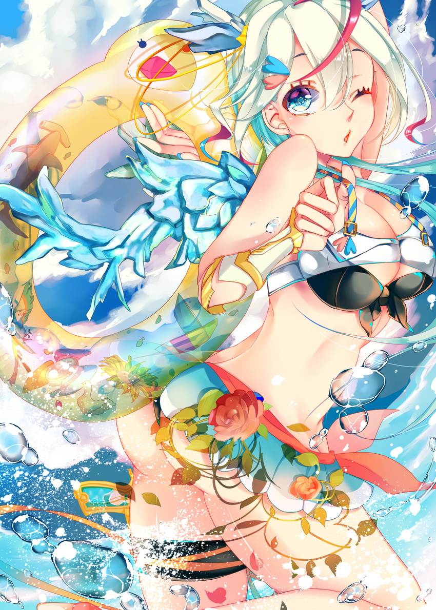 aqua_hair bikini blonde_hair blue_eyes flower gradient_hair highres innertube long_hair multicolored_hair ocean one_eye_closed original smile solo swimsuit togashi_(choco-bakama_kitchen) water