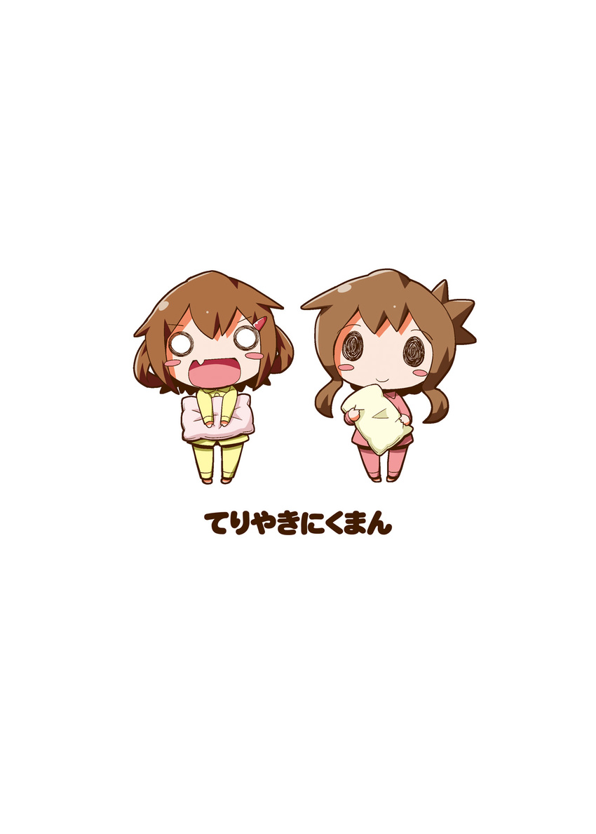 :d alternate_costume artist_name blush_stickers brown_hair closed_mouth fang folded_ponytail gerotan highres holding holding_pillow ikazuchi_(kantai_collection) inazuma_(kantai_collection) kantai_collection long_hair long_sleeves multiple_girls o_o open_mouth pajamas pillow ponytail short_hair smile translated v-shaped_eyebrows