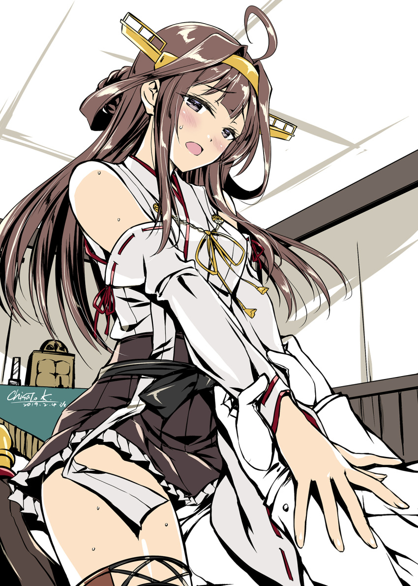 1boy 1girl admiral_(kantai_collection) ahoge bangs bare_shoulders blush boots breasts brown_eyes brown_hair cowgirl_position dated desk detached_sleeves eyebrows_visible_through_hair girl_on_top gloves hairband headgear highres holding_arms indoors jacket japanese_clothes kantai_collection kimono kobayashi_chisato kongou_(kantai_collection) long_hair looking_at_viewer nontraditional_miko open_mouth pants ribbon-trimmed_sleeves ribbon_trim sidelocks signature sitting skirt straddling sweat thigh_boots thighhighs white_gloves white_jacket white_kimono white_pants