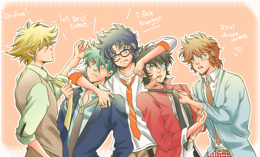 :p bad_id bad_pixiv_id belt blonde_hair blue_eyes brown_hair date_seiji english engrish frown glasses green_eyes green_hair hashiba_touma highres hiro_(minorstar) jacket looking_at_viewer male_focus mouri_shin multiple_boys necktie open_mouth profile ranguage sanada_ryou shue_rei_fuan sidelocks teeth tongue tongue_out vest yoroiden_samurai_troopers