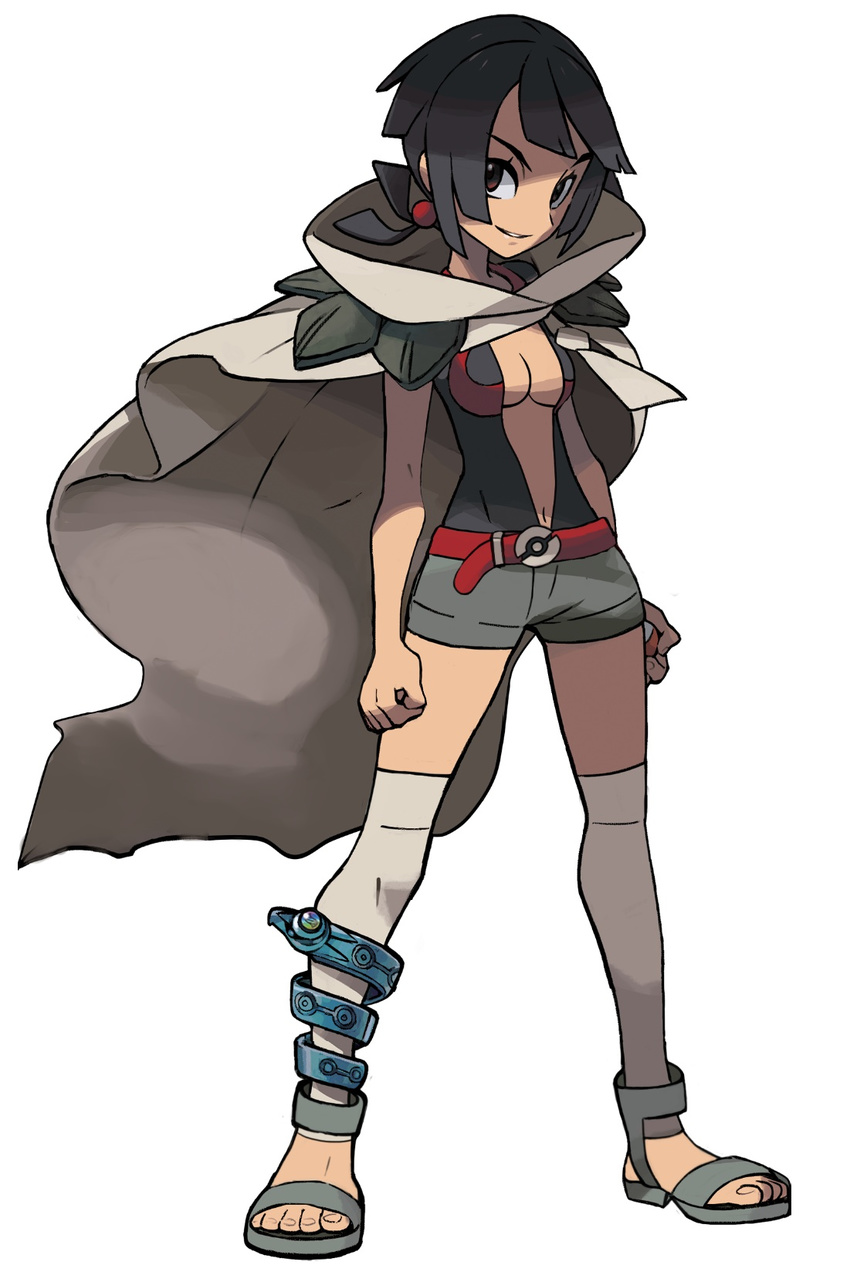 1girl bare_midriff black_hair breasts brown_hair cape cleavage edit higana_(pokemon) poke_ball pokemon pokemon_(game) pokemon_oras sandals simple_background solo thighhighs