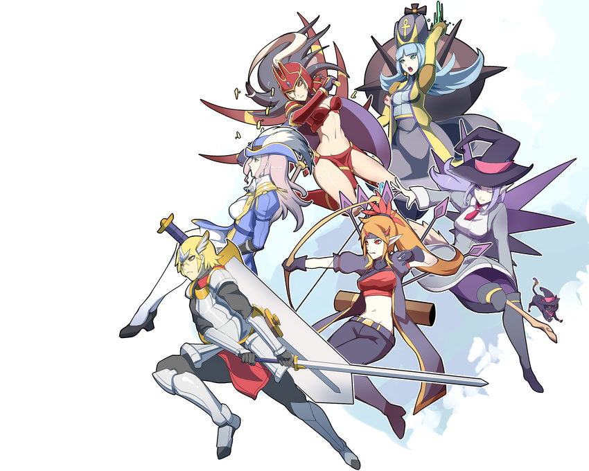 5girls armor arrow blonde_hair blue_hair cat crusaders_quest d'artagnan_(crusaders_quest) d'artagnan_(crusaders_quest) dorothy_(crusaders_quest) gradient gradient_background hat huge_sword knight kriemhild_(crusaders_quest) kumiko_(aleron) leon_(crusaders_quest) long_hair maria_(crusaders_quest) multiple_girls pointy_ears sigruna_(crusaders_quest) sword weapon witch witch_hat