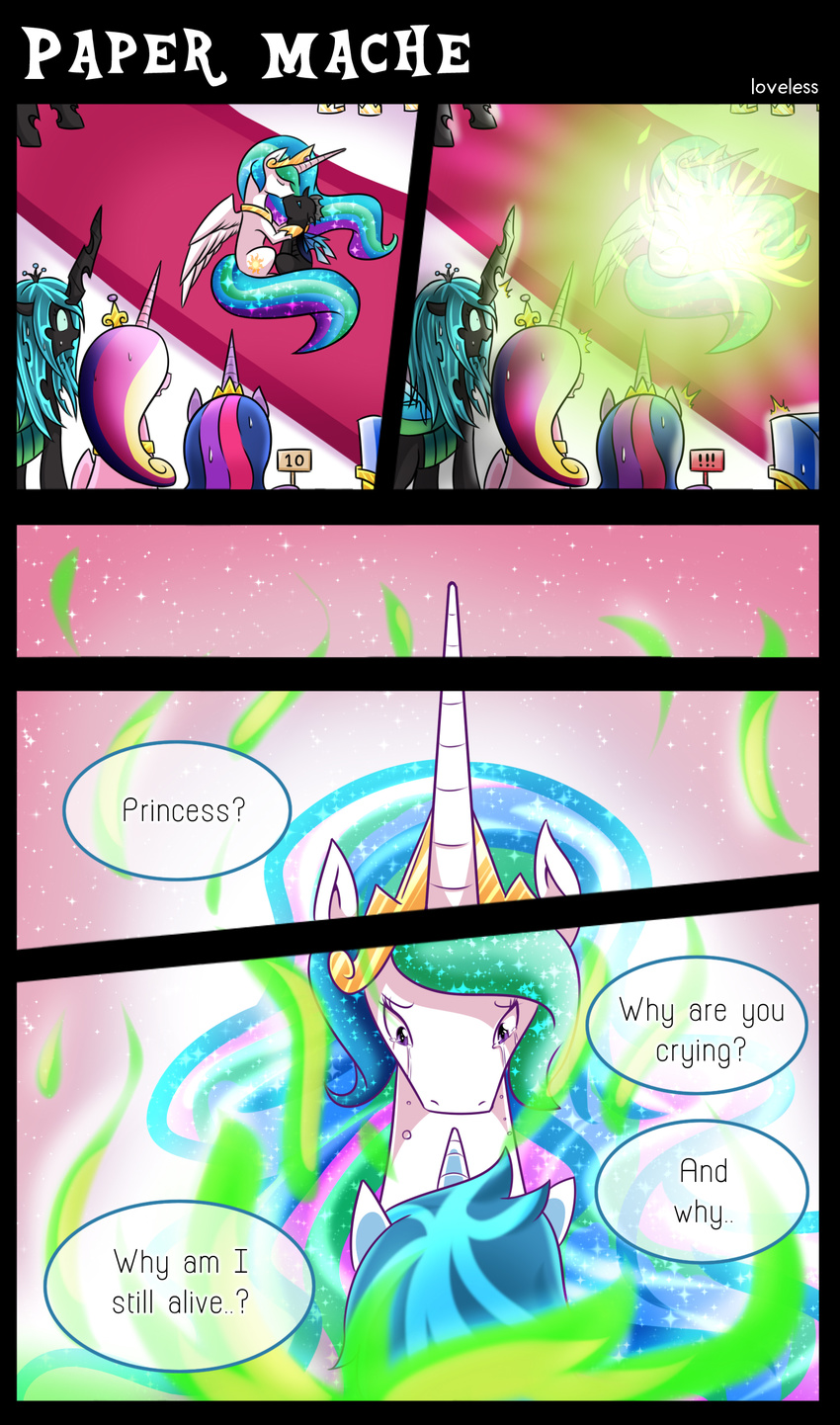 2015 changeling comic couple crying dialogue duo english_text equine fan_character female feral friendship_is_magic fur hair horn kissing mammal my_little_pony open_mouth princess_cadance_(mlp) princess_celestia_(mlp) purple_eyes queen_chrysalis_(mlp) royalty tears text twilight_sparkle_(mlp) vavacung winged_unicorn wings