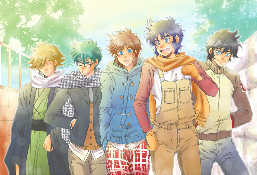 bad_id bad_pixiv_id blonde_hair blue_eyes brown_hair closed_eyes date_seiji glasses green_hair hair_over_one_eye hands_in_pockets hashiba_touma hiro_(minorstar) hood hoodie jacket japanese_clothes kimono looking_at_viewer male_focus mittens mouri_shin multiple_boys open_mouth overalls sanada_ryou scarf shue_rei_fuan sidelocks smile teeth tree yoroiden_samurai_troopers yukata