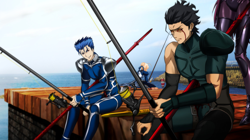 2girls artoria_pendragon_(all) blood bloody_tears commentary_request day death dock fate/grand_order fate/stay_night fate/zero fate_(series) fishing fishing_rod food gae_bolg gae_buidhe gae_dearg genya_(genya67) highres ice_cream impaled lancer lancer_(fate/zero) multiple_boys multiple_girls ocean parody pier polearm saber sandwich scathach_(fate)_(all) scathach_(fate/grand_order) sky spear stabbed weapon