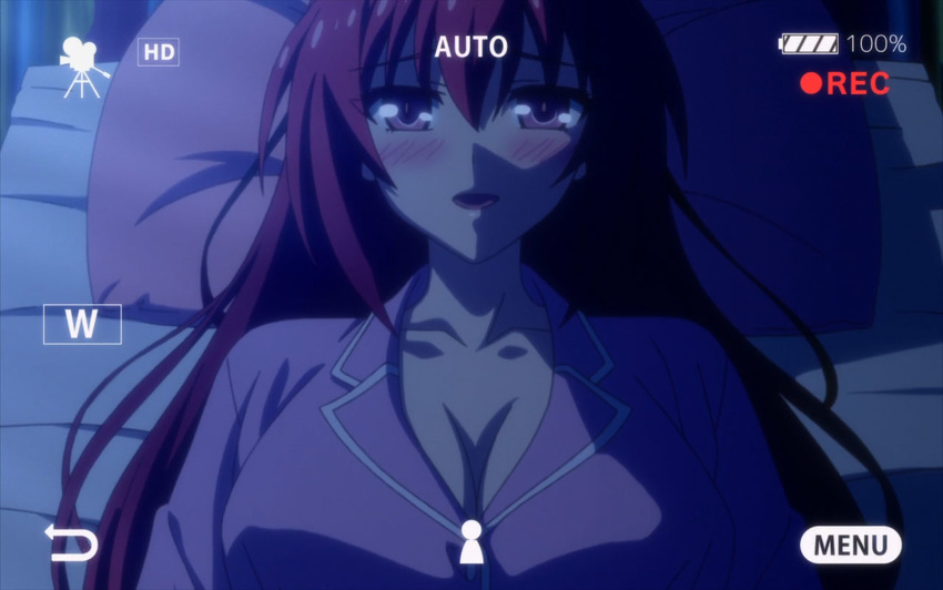 bed breasts cleavage long_hair naruse_mio pajamas red_eyes red_hair screencap shinmai_maou_no_testament solo