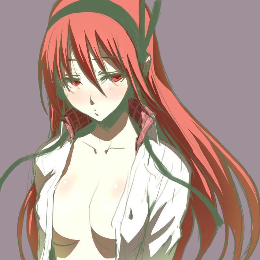 akame_ga_kill! blush breasts chelsea_(akame_ga_kill!) collarbone covered_nipples hair_ornament headphones large_breasts long_hair looking_down no_bra open_clothes open_shirt red_eyes red_hair shirt simple_background solo tekuteku_(yuuhodou)