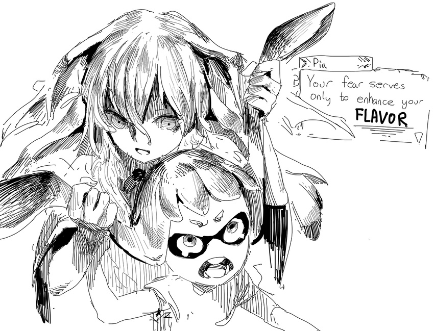 crossover duo english_text female inkling marine mermaid monochrome nintendo open_mouth pia pulling_hair rune_factory scary splatoon tears tentacle_hair tentacles text threatening video_games
