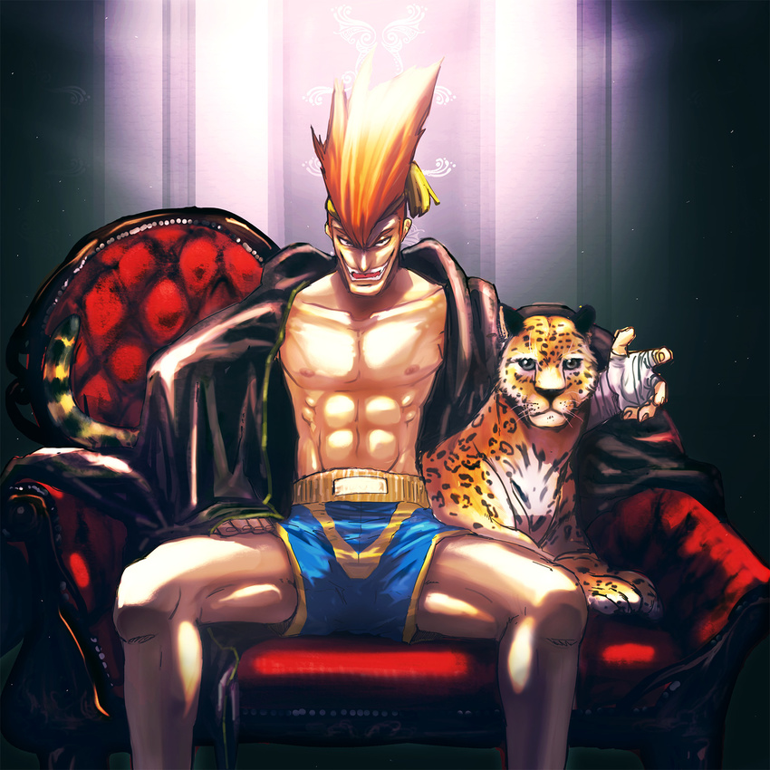 abs adon_(street_fighter) animal armchair chair collarbone commentary_request hand_wraps headband highres jaguar male_focus mongkhon muscle orange_hair robe shorts sitting solo spread_legs street_fighter thighs torimeiro